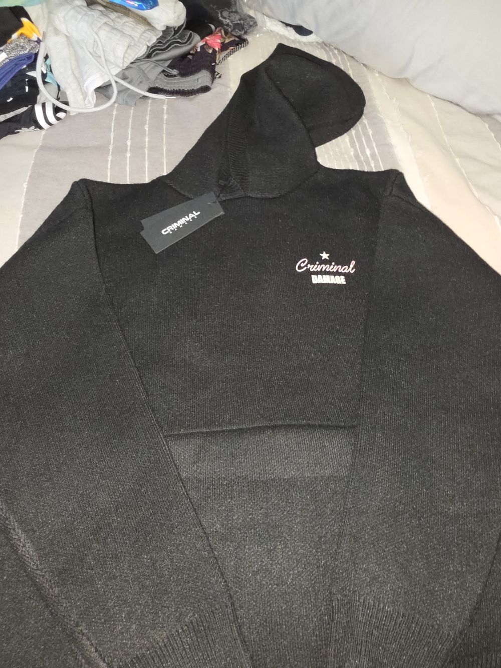 Criminal Damage Mens Black Hooded Knit Sweater
